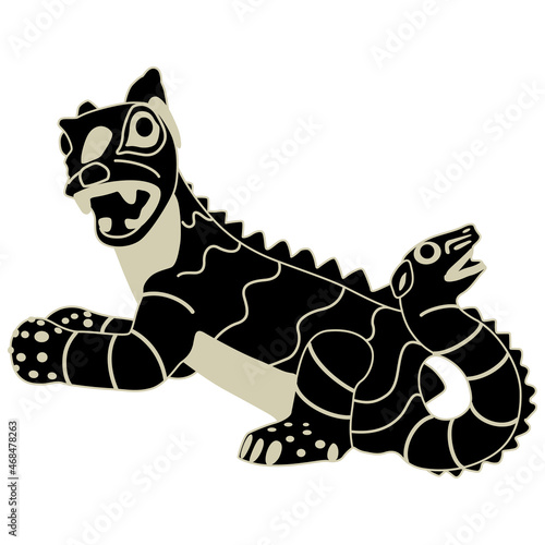 Fantastic animal Native American art of Moche or Mochica Indians from ancient Peru. Cat or squirrel with serpent snake tail. Monochrome silhouette.