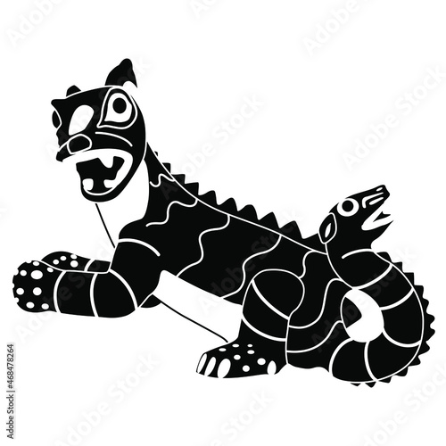 Fantastic animal Native American art of Moche or Mochica Indians from ancient Peru. Cat or squirrel with serpent snake tail. Black and white silhouette. photo