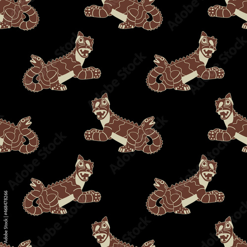 Seamless ethnic pattern with fantastic monster animals. Native American art of Moche or Mochica Indians from ancient Peru. Cat or squirrel with serpent snake tail.