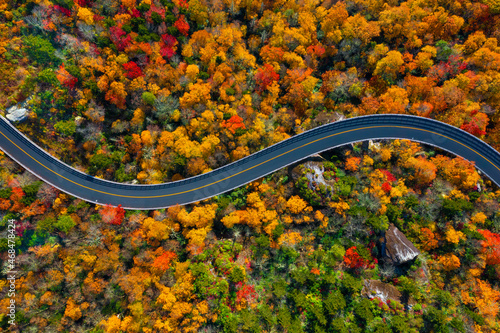 Blue Ridge Parkway in North Carolina in Fall colors. Looking straight down at the road. photo