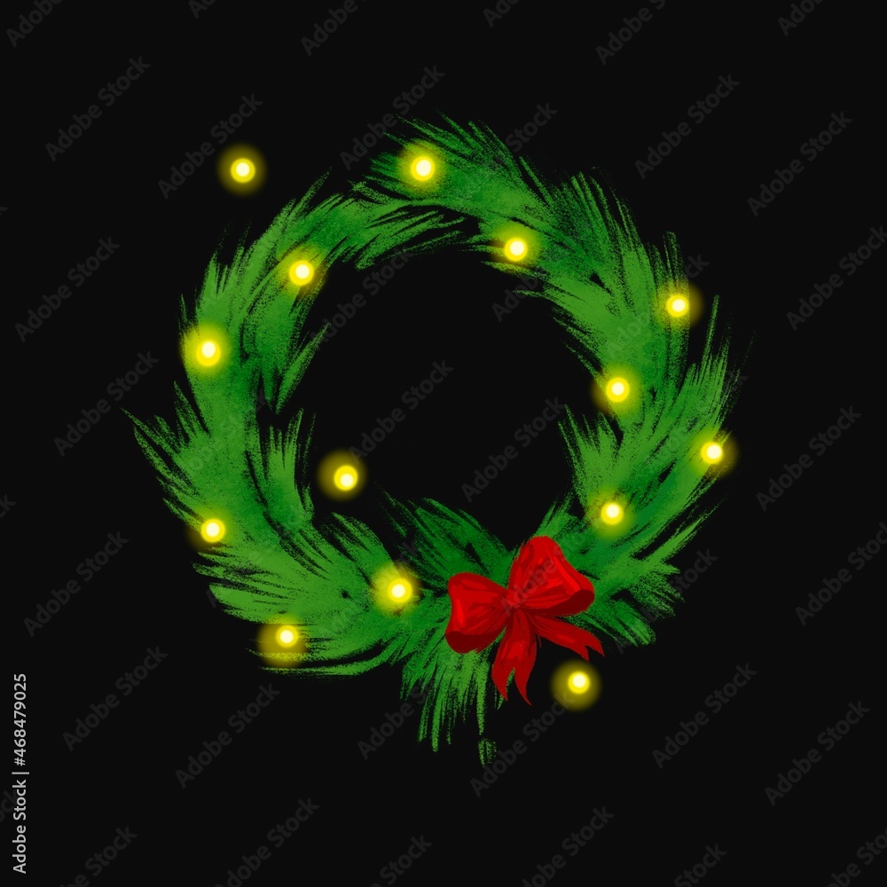 Christmas wreath with bow and lights, fir branches, for decoration and postcards