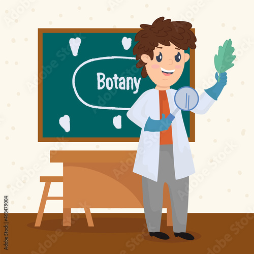 Poster of a teacher in Botany. Teaching Biology to children at school. Illustration of a school experiment with a teacher. Vector illustration