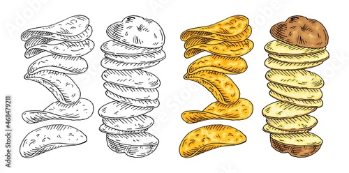 Flying pieces of fresh potato and chips. Vintage engraving black monochrome illustration.