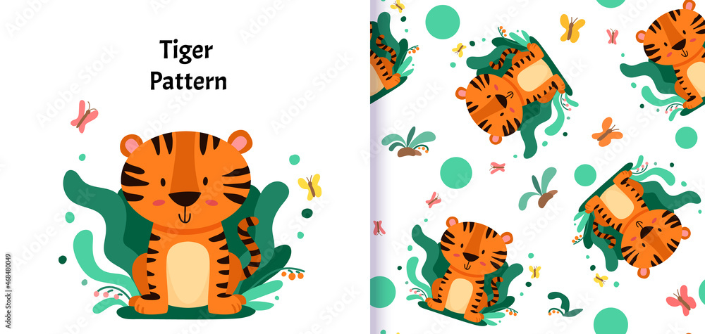 Seamless pattern with cute character Tiger. Cute vector illustration for kids. Can be used for textiles print  and gift wrapping Baby Shower. Vector cartoon illustration