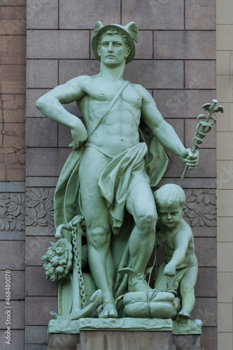 Statue of Commerce in the facade of Elisseeff Emporium in St. Petersburg, Russia
