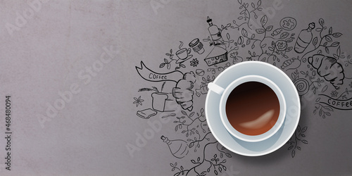 Top view of coffee cup on grey background with food sketch and mock up place. Breakfast concept.
