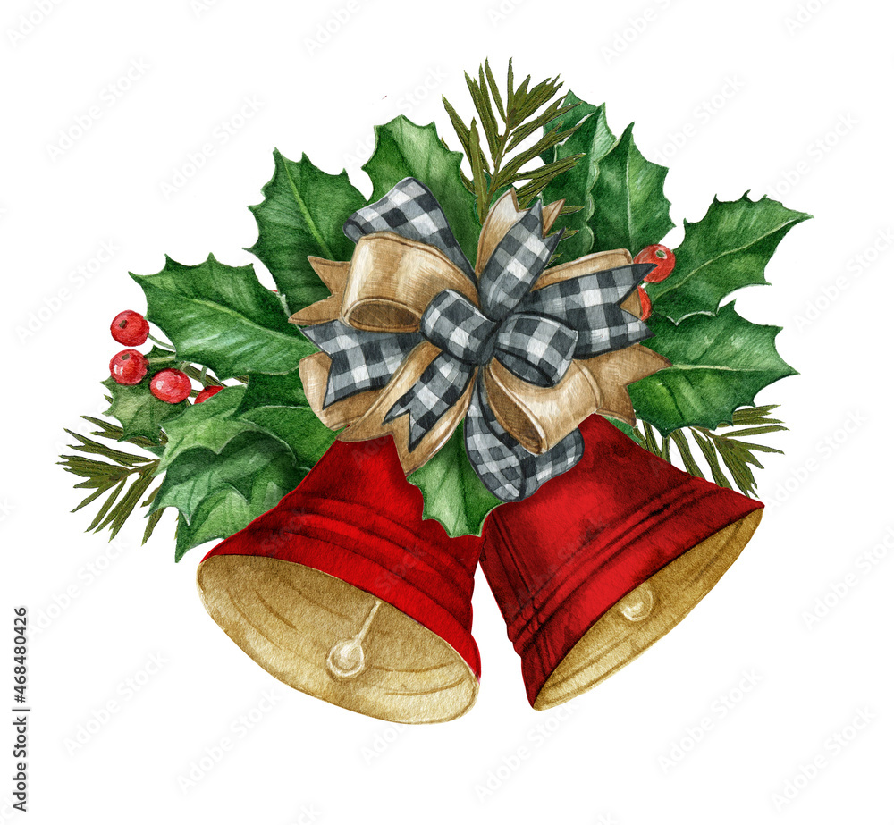 Illustration Of Decorative Jingle Bell With Holy Berry Leaves, Bow Ribbon  In Sticker Style. 24143379 Vector Art at Vecteezy