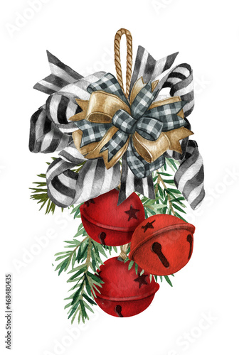 Red Jingle bells with buffalo plaid bow, firry, and holly leaves and berries. Watercolor illustration.The Christmas retro red bell isolated on the white background