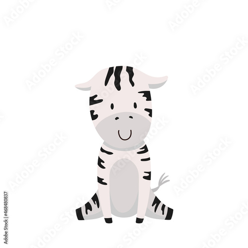 Cute baby zebra character. Wildland forest animal for kid room poster. Childish print. Vector cartoon illustration isolated on white background.