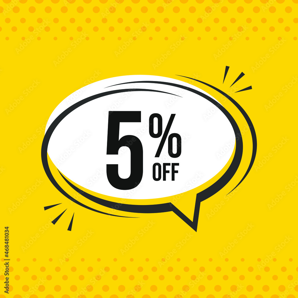 5% off. Discount vector emblem for sales, labels, promotions, offers, stickers, banners, tags and web stickers. New offer. Discount emblem in black and white colors on yello 5% off. Discount vector emblem for sales, labels, promotions, offers, stickers, banners, tags and web stickers. New offer. Discount emblem in black and white colors on yello