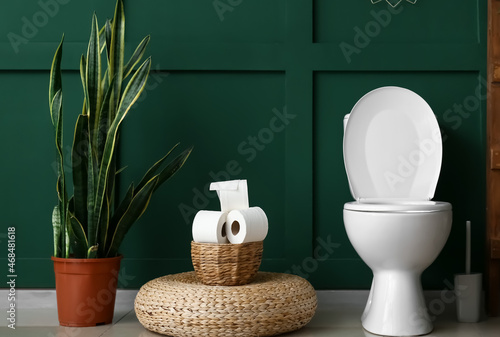 Toilet bowl, basket with paper and houseplant near green wall
