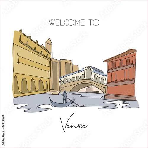 One single line drawing Rialto Bridge landmark. World famous iconic canal in Venice Italy. Tourism travel postcard home wall decor poster print concept. Continuous line draw design vector illustration