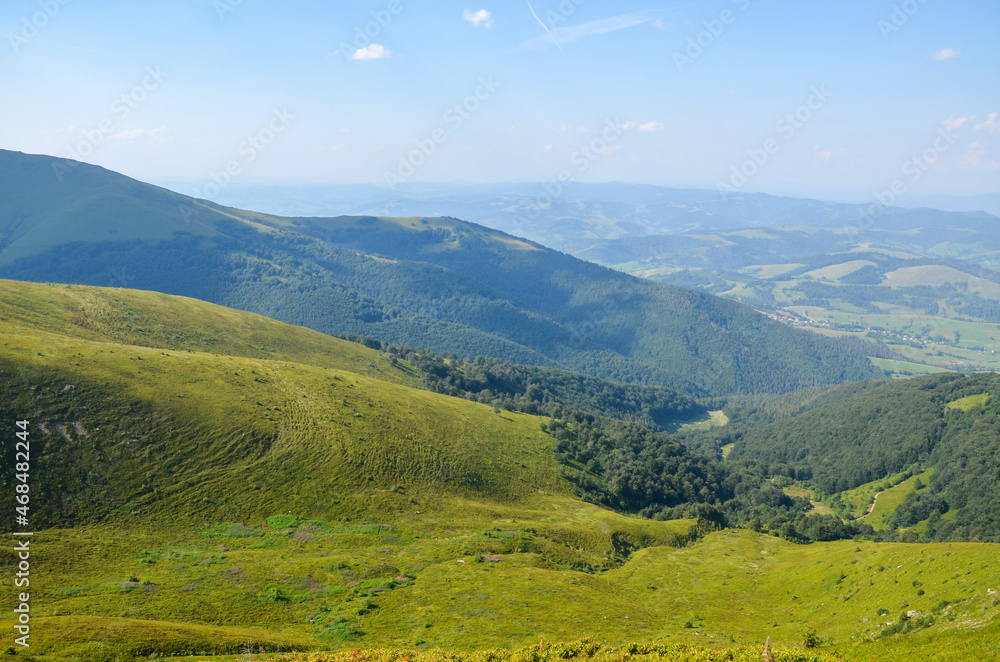 Lush green grassy meadows on the mountain slopes on background of blue sky. Beautiful landscape of Ukrainian Carpathian mountains