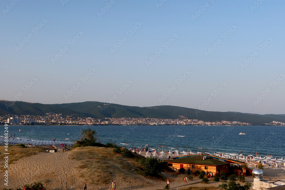 Sunny Beach, Bulgaria - August 2 2021: summer time. Beach at Sunny Beach Resort.