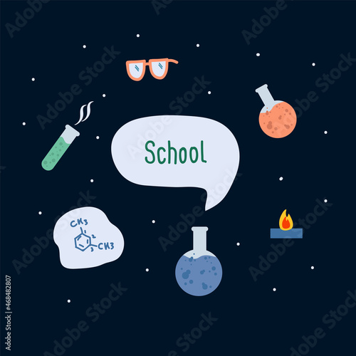 Poster training in the laboratories of the school. Cartoon banner with flask elements for children. Children 's Illustration for a Chemistry lesson . Vector illustration