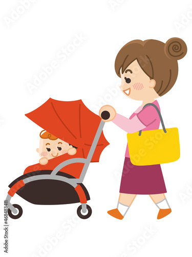 ベビーカーを押して歩く母親