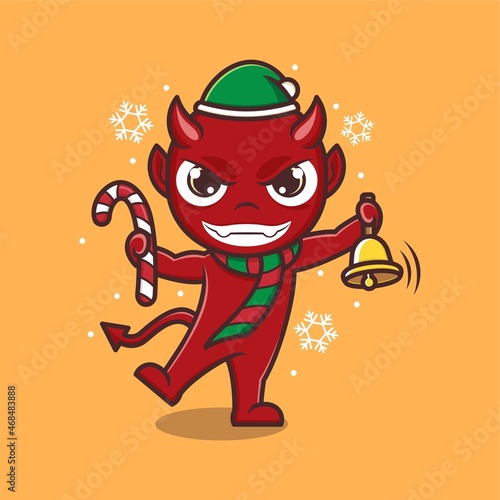 cute cartoon devil with candy and christmas bell. vector illustration for mascot logo or sticker