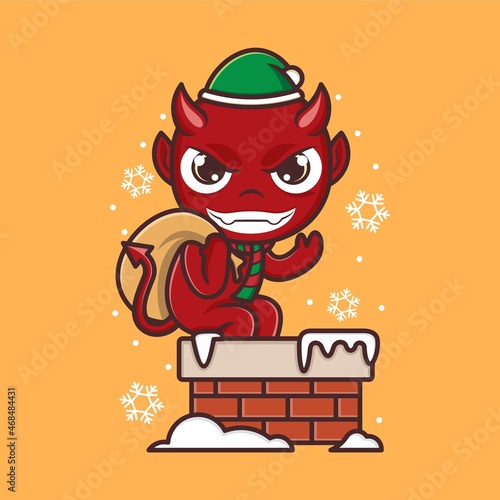 cute cartoon devil and christmas chimney. vector illustration for mascot logo or sticker
