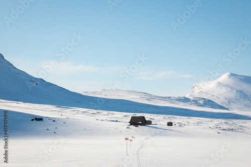 An emergency hut in the snow along Kungsleden trail between Salka and Kebnekaise, early April 2021