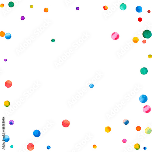 Watercolor confetti on white background. Adorable rainbow colored dots. Happy celebration square colorful bright card. Ecstatic hand painted confetti.