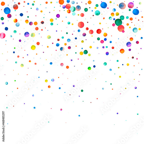 Watercolor confetti on white background. Adorable rainbow colored dots. Happy celebration square colorful bright card. Bewitching hand painted confetti.