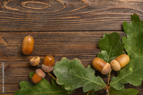 Oak tree leaves and acorns on wooden background photo