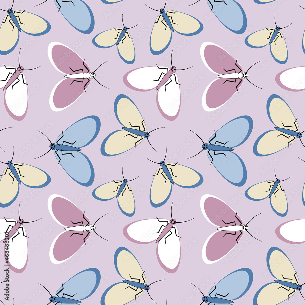 Seamless pattern - stylized moths - graphics. Summer, insects, unbearable ease of life. Wallpapers, textiles, packaging