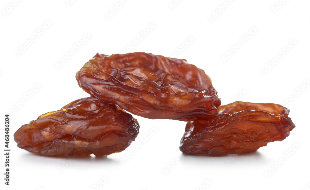 Tasty dried raisins on white background
