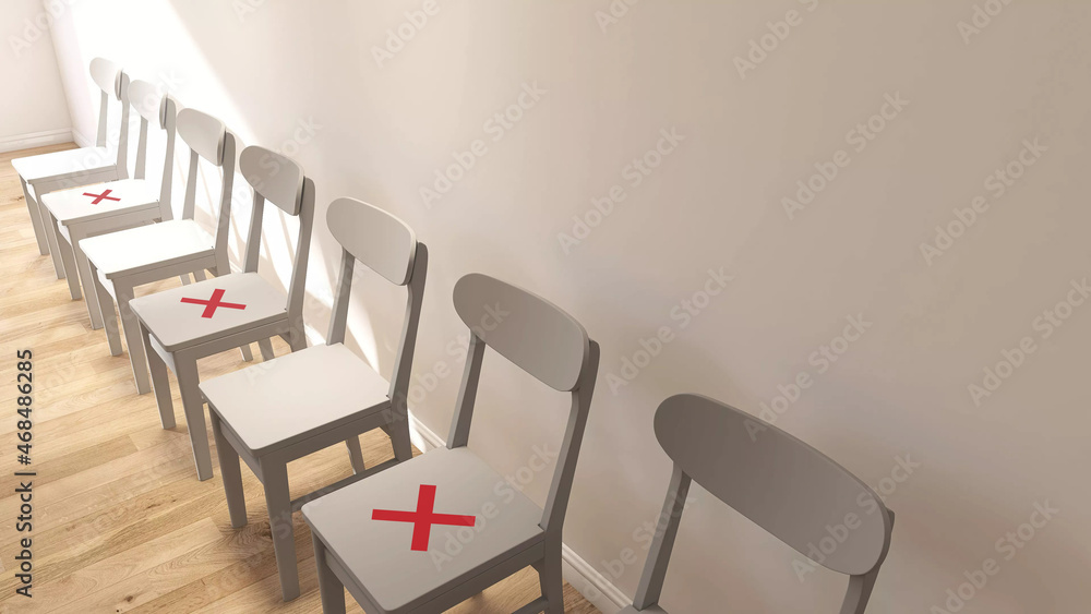 3D rendering image of social distancing seating arrangement in public