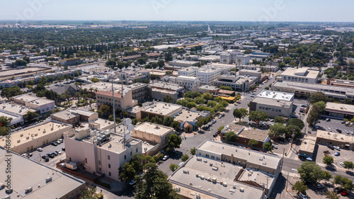 Aerial skyline view of downtown Merced, California, USA.