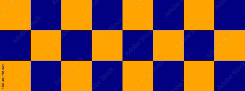 Fototapeta premium Checkerboard banner. Navy and Orange colors of checkerboard. Big squares, big cells. Chessboard, checkerboard texture. Squares pattern. Background.