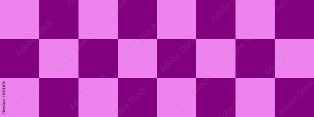 Checkerboard banner. Purple and Violet colors of checkerboard. Big squares, big cells. Chessboard, checkerboard texture. Squares pattern. Background.