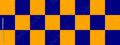 Checkerboard banner. Navy and Orange colors of checkerboard. Big squares  big cells. Chessboard  checkerboard texture. Squares pattern. Background.
