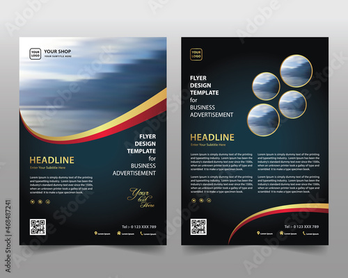 Modern poster flyer brochure cover design template. Graphic design layout with blue, gold and red elements and space for photos in the background