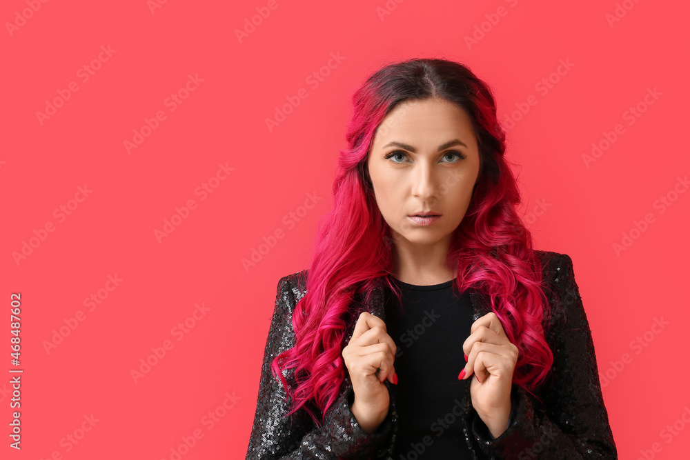 Beautiful woman with unusual bright hair on color background Beautiful woman with unusual bright hair on color background