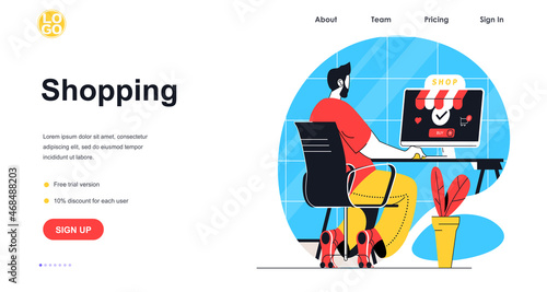 Shopping web banner concept. Man makes purchases at sale on website shop, buying at store, market or mall, e-commerce landing page template. Vector illustration with people scene in flat design