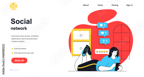 Social network web banner concept. Woman browsing using mobile app, collects likes and followers, online communication landing page template. Vector illustration with people scene in flat design