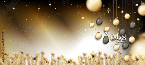 Christmas greeting card, design of xmas balls with golden glitter confetti