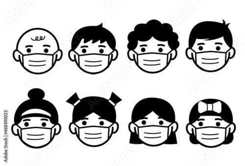 Line icons of Kids with protection mask vector illustrations set. Group of children wearing medical masks to prevent disease, flu, air pollution, contaminated air, world pollution.