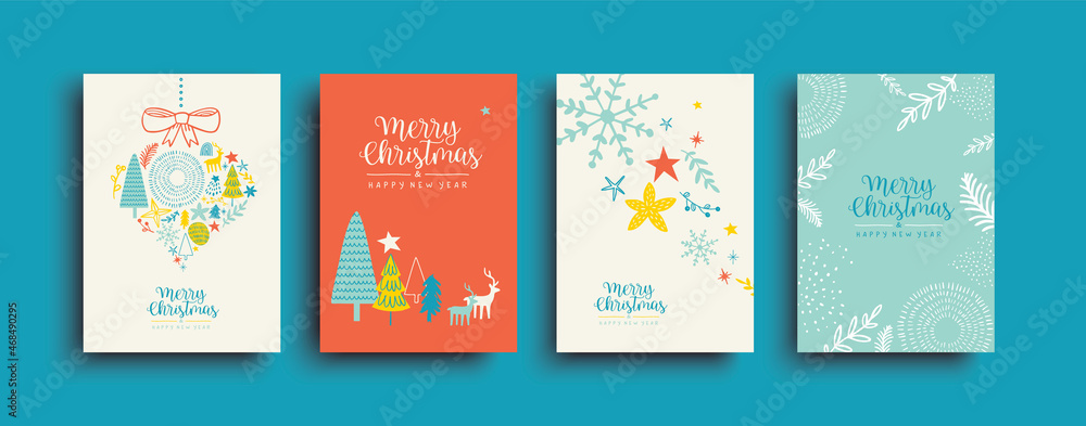 Christmas New Year colorful winter doodle card set