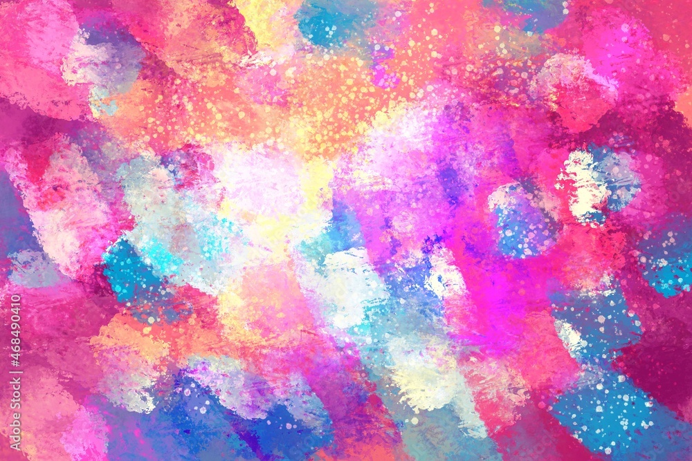 abstract watercolor background with pink, blue, violet, yellow paint drops, colorful paint strokes on the canvas, yellow, violet, pink, orange color theme, interior painting, wall decoration