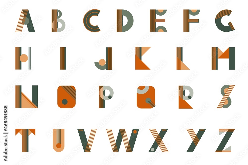 Modern alphabet in the Bauhaus style of geometric shapes. Autumn colors. Fall letters. Modern alphabet in the Bauhaus style of geometric shapes. Autumn colors. Fall letters.