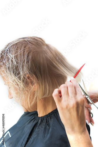 Female hands cutting gray hair with scissors