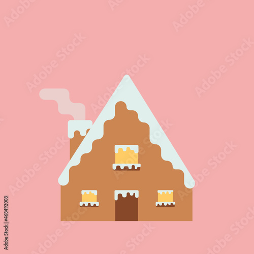 Cottage style house covered with snow with smoke coming out of the chimney on a pink background (ID: 468492008)
