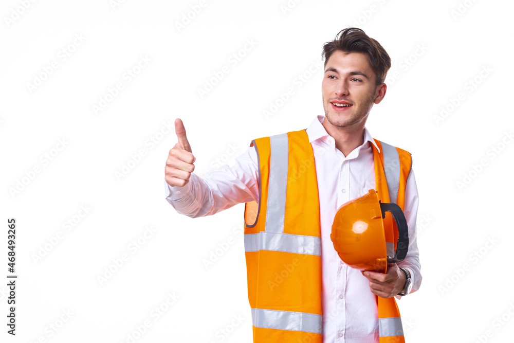 emotional worker in orange uniform Professional light background emotional worker in orange uniform Professional light background