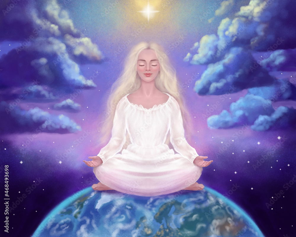 spiritual awakening, meditation. Girl in space meditates on the background of the universe spiritual awakening, meditation. Girl in space meditates on the background of the universe