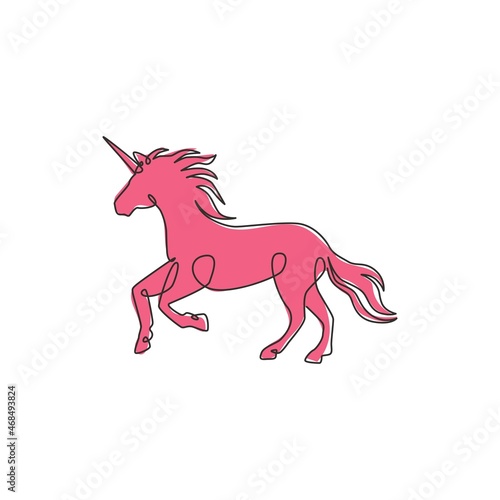 Single continuous line drawing of beautiful unicorn for corporate logo identity. Kids fantasy imagination creature concept for textile fashion print. Modern one line draw design vector illustration