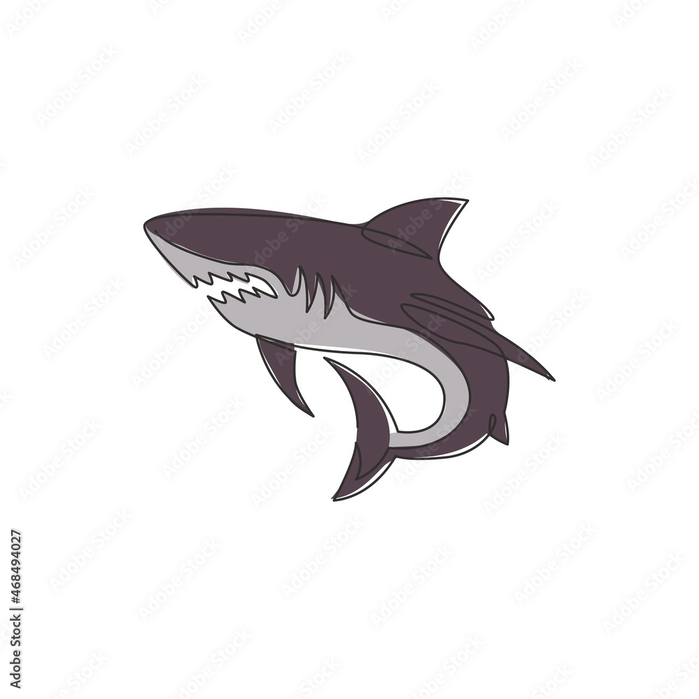 One single line drawing of ruler of the sea, shark for company logo identity. Dangerous sea fish concept for ocean nature peace organization mascot. Continuous line draw design vector illustration One single line drawing of ruler of the sea, shark for company logo identity. Dangerous sea fish concept for ocean nature peace organization mascot. Continuous line draw design vector illustration