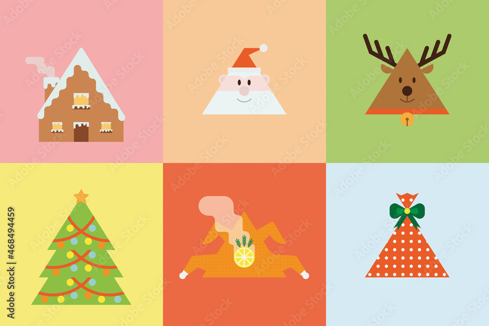 Christmas holiday composition with 6 illustrations: little house, Santa Claus, deer, Christmas tree, roast turkey, wrapped gift