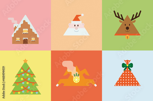 Christmas holiday composition with 6 illustrations: little house, Santa Claus, deer, Christmas tree, roast turkey, wrapped gift (ID: 468494459)